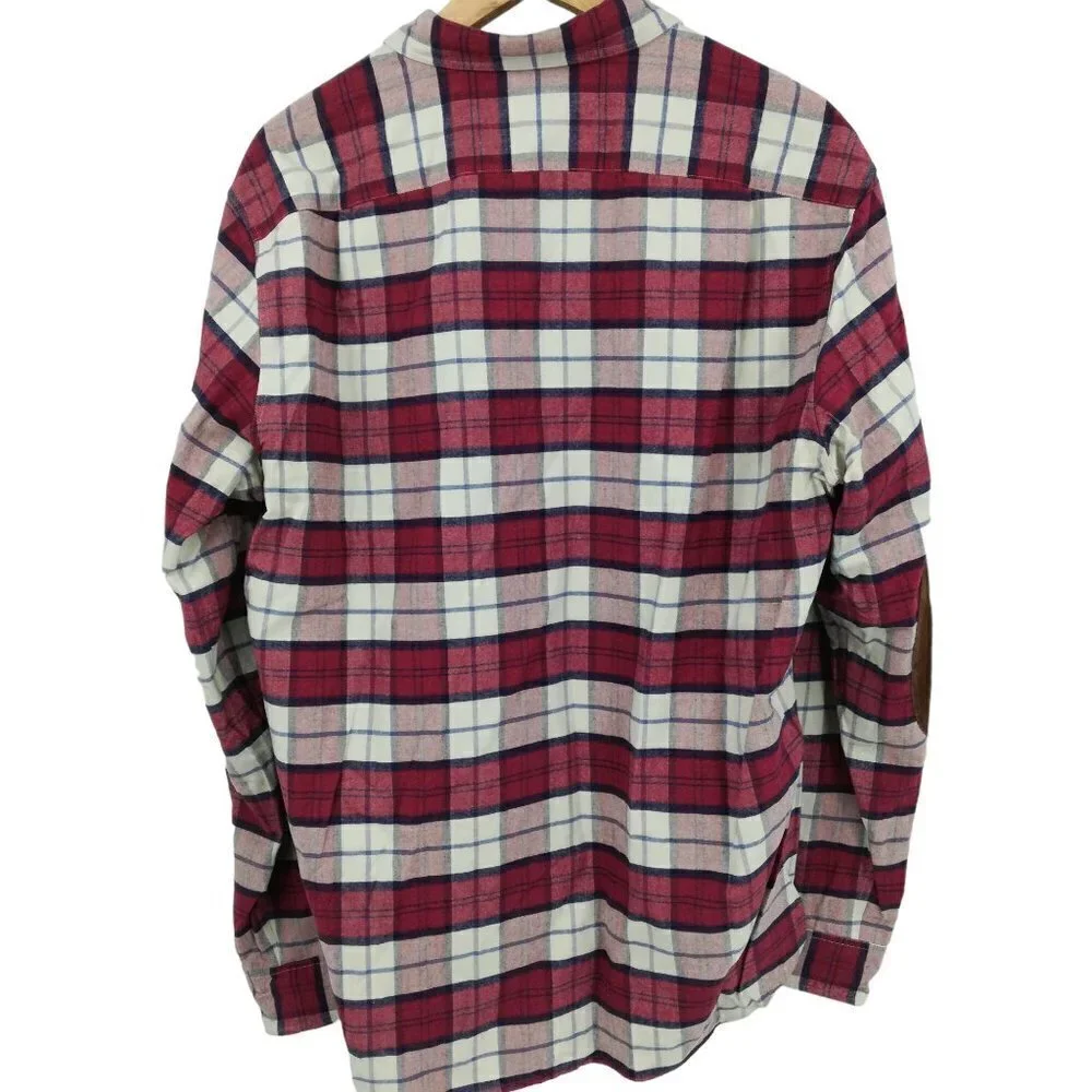 J Crew Flannel Plaid Chamois Elbow Patch Button Up Shirt Size L Red Blue Preppy